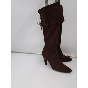 NWOB Steve Madden Chocolate Brown Suede Low heel  lace flap down knee boots5 5
